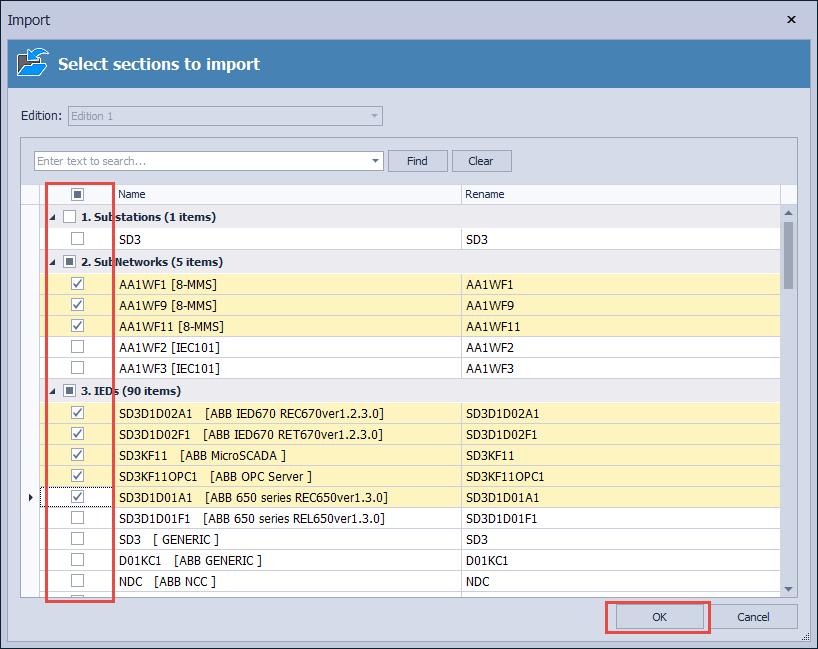 3. Select substations, subnetworks and IEDs to be imported from an SCL file and click on OK.