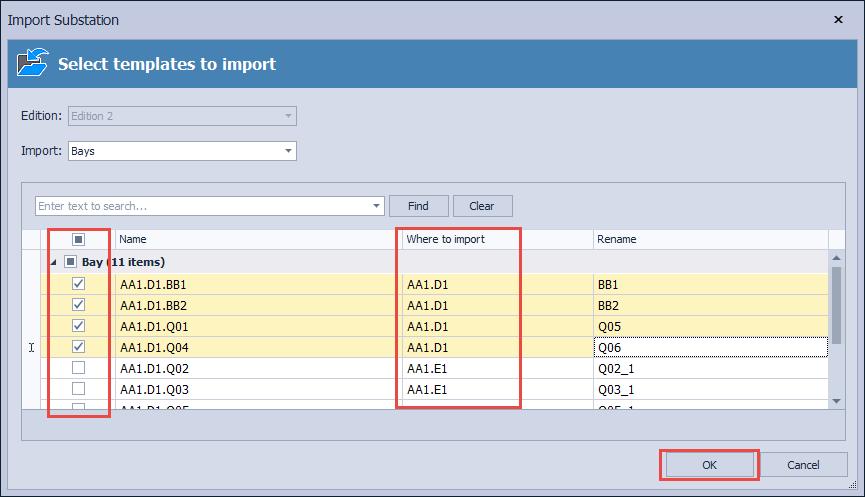 3. In the field Import select sections for import: bays, voltage levels or substations. 4.
