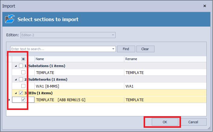 3. In the Import dialog box choose substations, subnetworks and IEDs to import and click on OK.