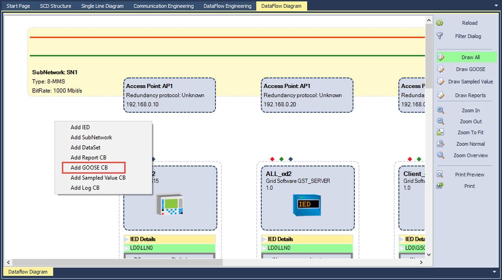 11.14. Add GOOSE Control Block 1. Right click on an empty space on the dataflow diagram and choose Add GOOSE CB. 2.
