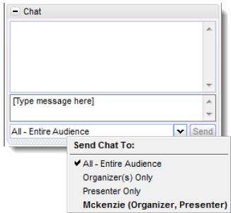 Chat Attendees can send and receive chats during the session. Attendees can send private chats to other attendees or organizers, or they can send a chat to the entire audience.