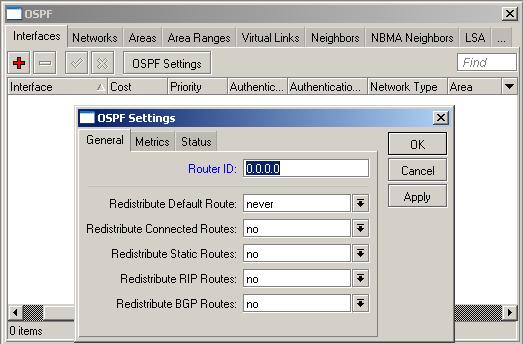 OSPF Settings Router ID must be unique within the AS Router ID can be left as 0.0.0.0 then largest IP address assigned to the router will be used 1 3 4 { What to Redistribute?