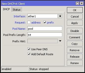 DHCPv6 PD Client Interface on which to listen Request a