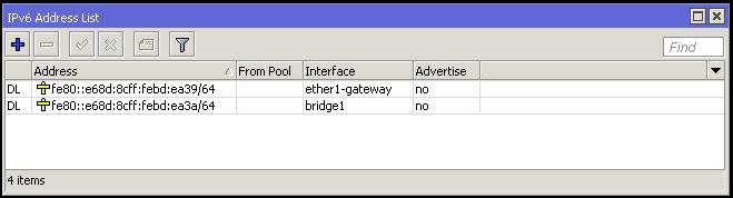 Routing Bridge interface LL address IPv6 Addresses $ ping6 fe80::e68d:8cff:febd:ea3a%en6 PING6(56=40+8+8 bytes) fe80::2e0:4cff:fe68:33a%en6 --> fe80::e68d:8cff:febd:ea3a%en6 16 bytes from