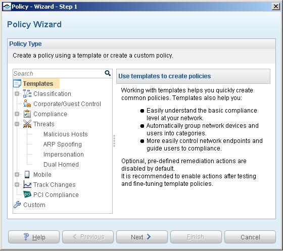 4. Under Templates, expand the Threats folder and select Malicious Hosts. 5. Select Next. The Policy Name pane opens.