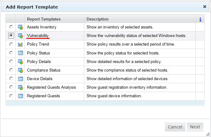 3. Select the Vulnerability report template, and select Next.