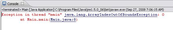 The condition for the if is (args[0]!= null), so Java wants to go to args[0] immediately. But since no arguments were given, args[0] doesn't exist. In fact, even asking for args[0] is out of bounds.