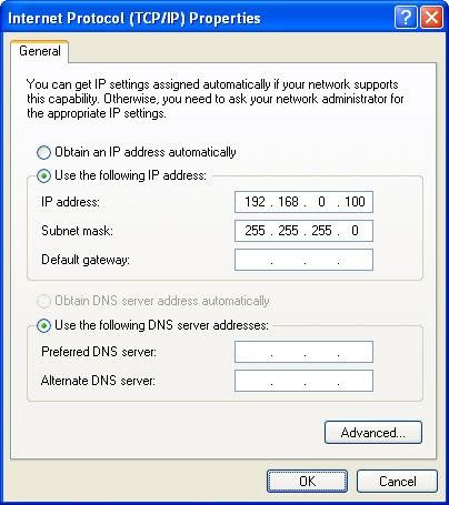 5. Type in the IP address and subnet mask of 192.168.0.100 and 255.255.255.0 or another compatible IP address and subnet mask. Click on the OK button.