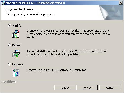 The Welcome to the InstallShield Wizard for MapMarker Plus 10.2 dialog displays on the screen. 3. Click Next. The Program Maintenance dialog displays.