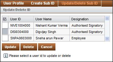 Deleting a Sub ID Deleting a Sub ID As an Insurance Broker, you can delete the details of the sub ID s created by you. To Delete Sub ID: 1. Click on Update/Delete Sub ID.