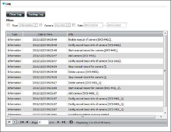 Log To access the log page, click Status and then Log. The log page shows a history of all significant events of the Surveillance Center software.