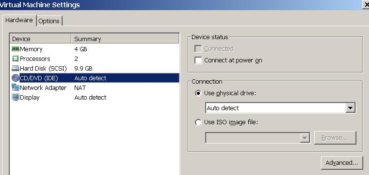 The Virtual Machine Settings screen opens with the Hardware tab opened by default 9. The Network Adapter can be configured for the Bridged or NAT connection options.