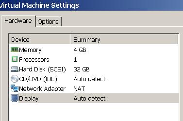 The Virtual Machine Settings screen opens with the Hardware tab opened by default 9. The Network Adapter can be configured for the Bridged or NAT connection options.