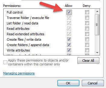 9. Check the Allow checkbox to the right of Full Control and click OK. 10.