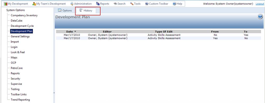 In Figure 38, you can see that under the History tab are a number of changes made by the System Owner.