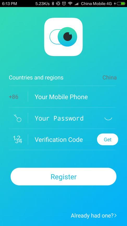 Please choose User country and the area code (very important), enter User cellphone number and new password, click get to gain the verification code.