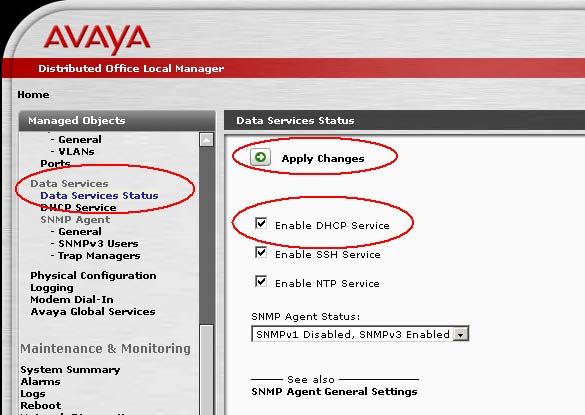 4.1. Configure Avaya Distributed Office DHCP This section describes the step for enabling and configuring the DHCP service in Avaya Distributed