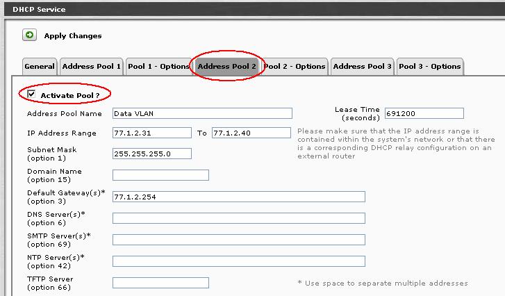 4. Click on Address Pool 2 to configure the 2 nd DHCP scope. Enter the IP Address Range, Subnet Mask, and Default Gateway to be assigned.