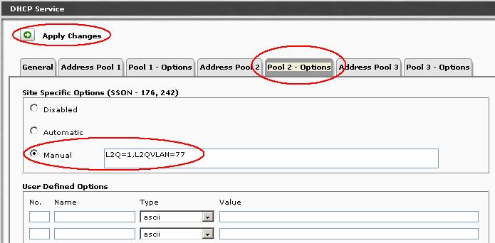 Click on Pool 2 Options to continue. Since Address Pool 2 is configured for the Data VLAN, DHCP option 176 and 242 is configured to notify Avaya IP Telephone which VLAN to use.