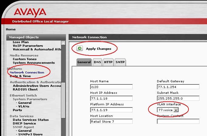 9. Click on Network Connection on the left panel menu and change the VLAN interface to 77:voice