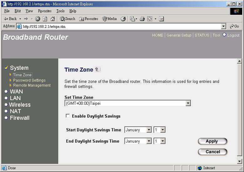 Parameter Set Time Zone Enable Daylight Savings Start Daylight Savings Time End Daylight Savings Time Description Select the time zone of the country you are currently in.