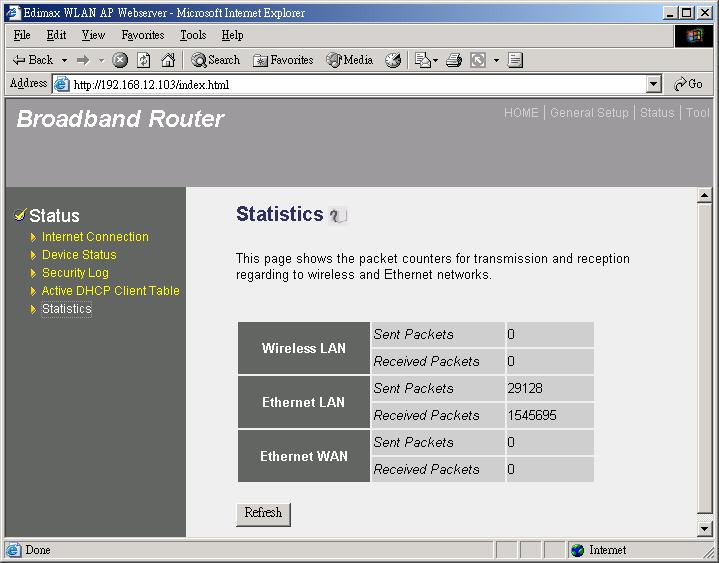 3.6 Statistics View the statistics of packets sent and received on WAN, LAN and Wireless LAN.