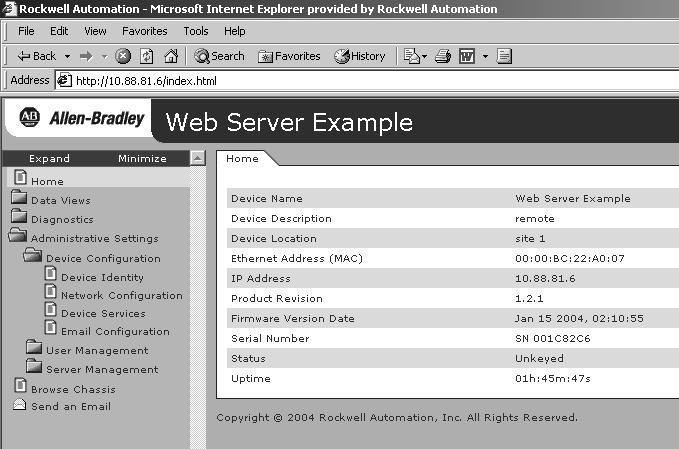 1-4 About the Rockwell Automation Enhanced Web Server Modules Accessing the Home Page From your web browser, enter the IP address of the web server module.