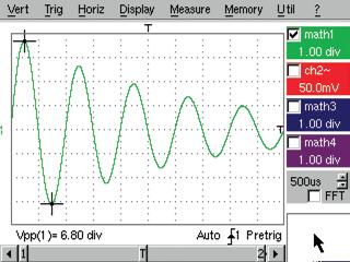 Math functions In oscilloscope mode, the math functions (1, 2, 3 and 4) can be used on each trace to define a mathematical function and vertical scaling in actual physical unit(s).