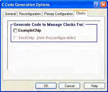 AnadigmDesigner 2 User Manual 7.3.7 C Code Generation Options - Clocks Tab This tab is used to select which chips will be able to have their clock divisors manipulated with C Code.