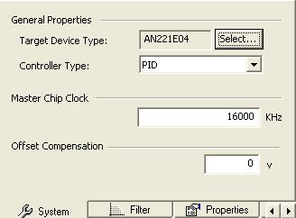 System Tab The System tab defines the target FPAA type, in this case and AN221E04. The Select button recalls the Circuit Options dialog described above.