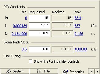 AnadigmDesigner 2 User Manual Properties Tab The Properties tab is where the constants associated with each leg of the controller circuit are set. Controls are available for K P, K I and K D.