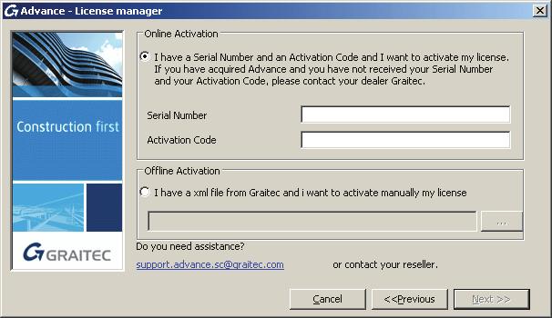 2. Enter the serial number and the activation code. Click Next. Figure 21: Selection of the activation method 3.