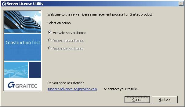 Activating a server license To activate a server license, proceed as follows: 1. From the Windows Start menu, select: Programs > Graitec > License Server > License utility. 2.