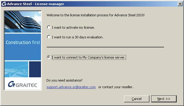 Client in a network 1. If you have more than one license and the current installation is for a client workstation, select I want to connect to My company license server. Click Next.