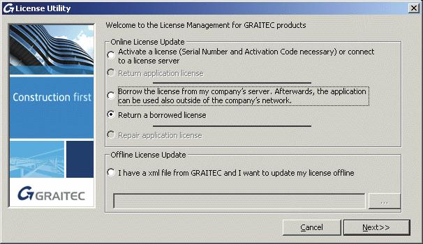 Returning a borrowed license before the expiry date 1. From the Windows Start menu, select: Programs > Graitec > Advance Concrete 20
