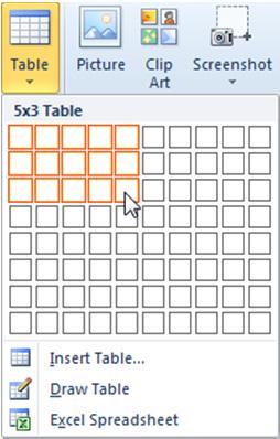 insert a table using a command to enter specific numbers for rows and columns, on the Insert tab, in the Table group, click the arrow for Table and then click Insert Table; or to draw a table with