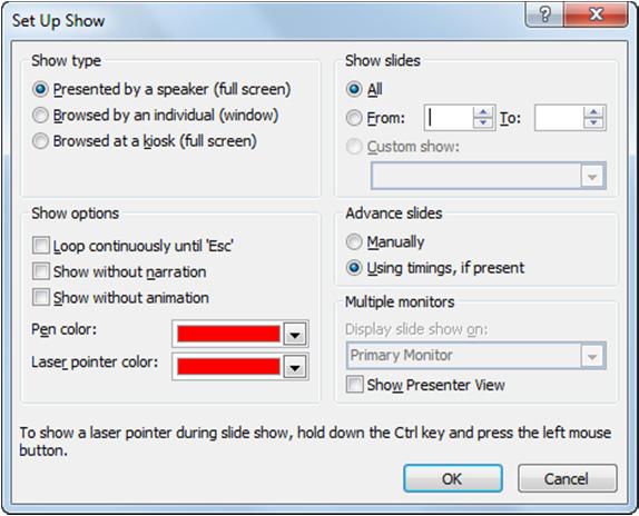 Microsoft PowerPoint Lesson 10 Use the options here to specify how you want to deliver your presentation, such as with a speaker, run on a computer at your booth, or in a window within a Web browser.