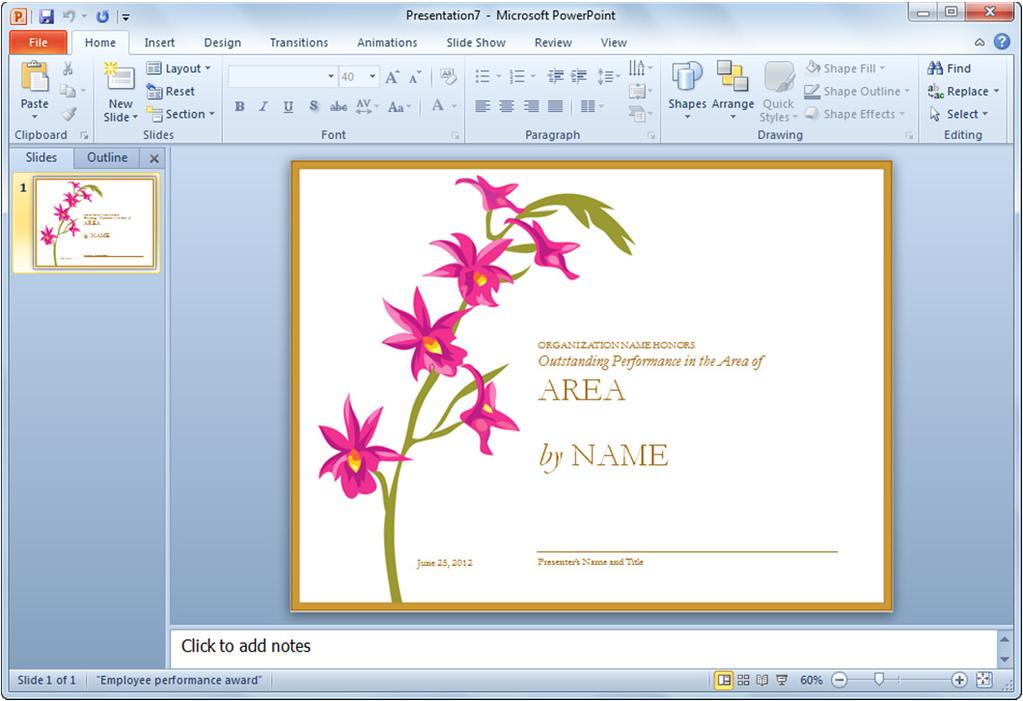 Now create a new presentation using a template provided in PowerPoint. 16. Click the File tab and then click New. 17. Click the Certificates category and then click Business award certificates. 18.