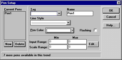 25. Select Pens... to display the Pen Setup dialog box. QD_154 26. Change the default name for the pen, if desired. 27. Enter the Tag name for the pen.