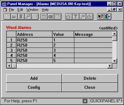 Creating an Alarm Table and Configuring Alarms 4. Enter the Word address (register), the number of words, and the starting and ending values for the alarms and select OK.