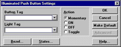 The Quick Designer creates the illuminated push button and displays the Illuminated Push Button Settings dialog box. QD_79 3.