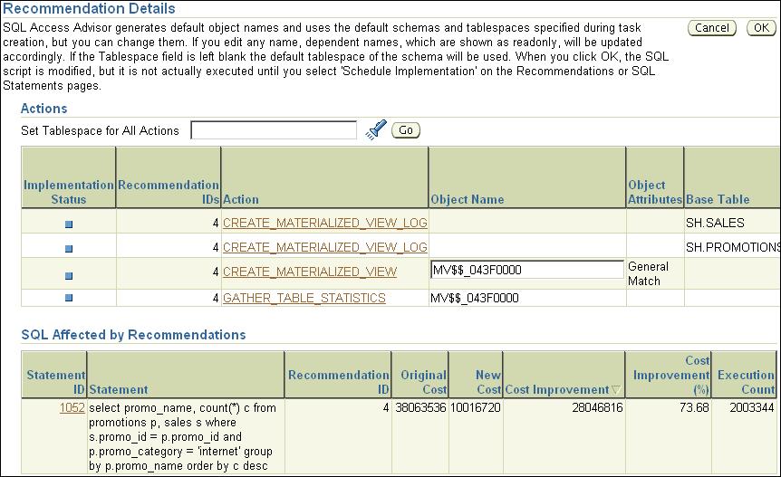 Reviewing the SQL Access Advisor Recommendations The Recommendation Details page displays all actions for the specified recommendation.