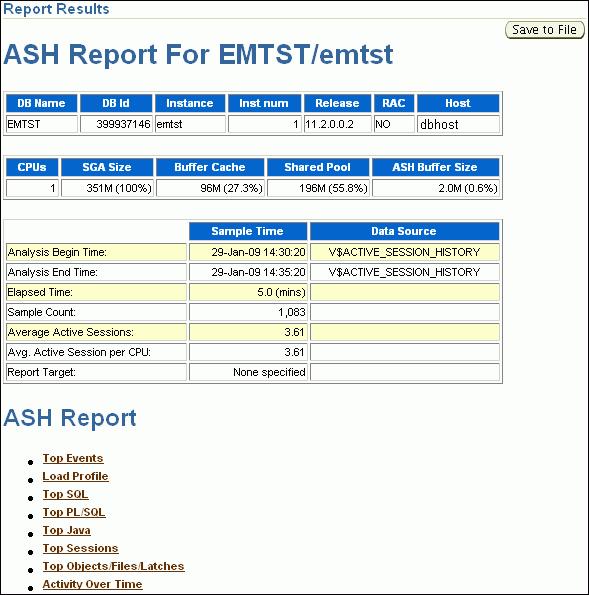 Active Session History Reports 4. Optionally, click Save to File to save the report in HTML format for future analysis.
