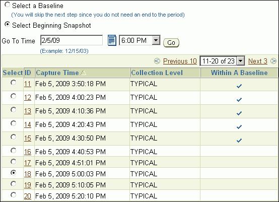 Running the AWR Compare Periods Reports To compare to a pair of snapshots, select Select Beginning Snapshot and the beginning snapshot to use in the