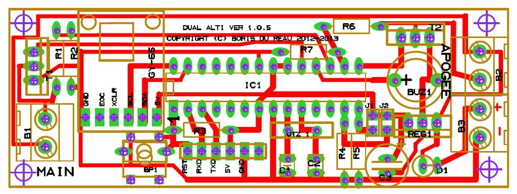 Board and components implementation: ATmega 328 dual altimeter AltiDuo Components List: R1,R2 100Kohm to 150Kohm R3,R4,R5 10Kohm to 15kohm R6,R7 100Kohm to 150Kohm C1, C2 20 or 22pf C3 47µf