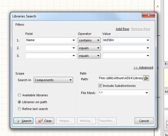 SEARCH IN LIBRARIES a. Open Libraries and select search b. In first row, change operator to contains, then write LM358N in Value tab c. Make sure select Libraries on path in Scope d.