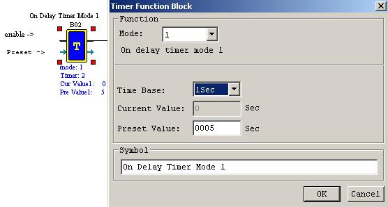 IMO Precision Controls Timer Function Setting up an On-delay timer Select a timer function from the menu at the bottom of the window and insert it in the workspace.