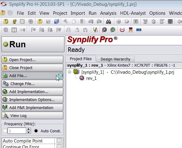 In the left panel of the Synplify Pro window, click Add File as