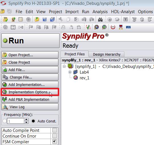 Step 1: Create a Synplify Pro Project 6. Now, you need to set the implementation options. Click Implementation Options in the Synplify Pro window as shown in Figure 23.