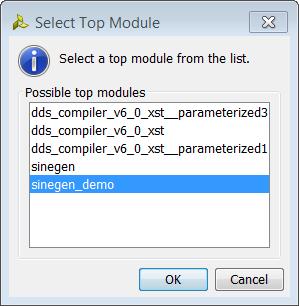 Step 5: Add (more) Debug Nets to the Project Figure 31: Select the top level moduel 13. Click OK in the Specify Top Module dialog box after ensuring that the top level module is correct.